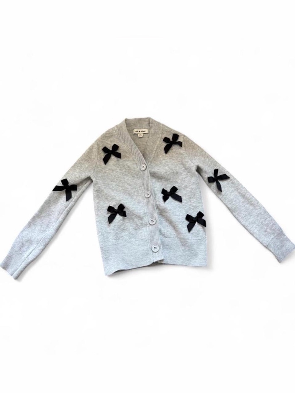 Girls' Gray Cardigan Sweater with Black Bow Accents